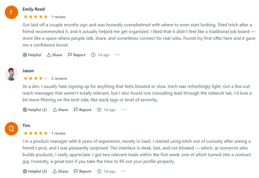 Three Product Hunt reviews: Emily Reed found her first offer after a layoff, developer Jason found a consulting lead, and PM Tim got two leads in a week, one becoming a contract gig.