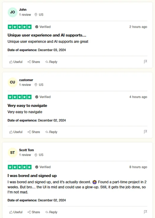 Three Trustpilot reviews of Intch from John, a customer and Scott Tom praising the user experience, AI support and easy navigation; Scott found a part-time project in two weeks.