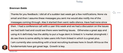 Chat message from Brennan Babb describing notification teething issues but calling Intch a great app whose AI could put a dent in LinkedIn's market stronghold.
