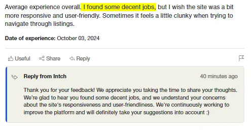 Excerpt of a Trustpilot review saying the reviewer found some decent jobs on Intch but wishes the site were more responsive and user-friendly.