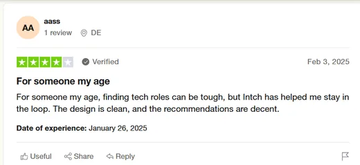Trustpilot review by aass saying Intch helps them stay in the loop on tech roles, with a clean design and decent recommendations.
