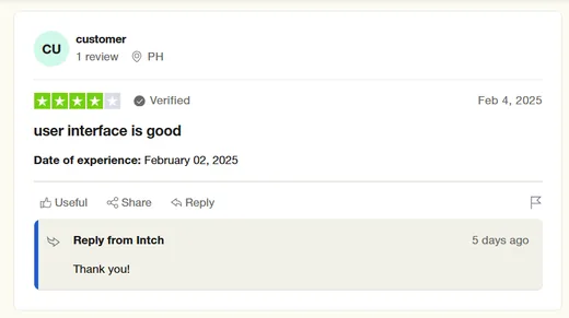 Four-star Trustpilot review from a user in the Philippines saying the Intch user interface is good.