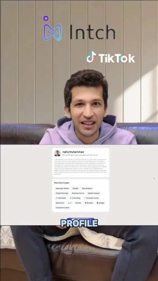 Still from a TikTok video in which a creator talks about Intch while showing the Intch profile of Hafiz Muhammad, an ICT and smart cities consultant.