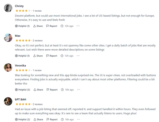 Product Hunt reviews by Christy, Max, Veronika and bPT BAH: Intch is easy to use with mostly relevant daily jobs and a clean UI, though some want more European jobs; one praises fast support.