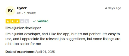 Three-star Trustpilot review by Ryder, a junior developer who finds Intch easy to use with relevant job suggestions, though some listings are too senior.