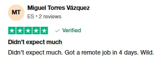 Trustpilot review by Miguel Torres Vázquez who got a remote job through Intch in four days.