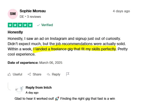 Trustpilot review by Sophie Moreau: she signed up out of curiosity, found the job recommendations solid and landed a freelance gig matching her skills within a week.
