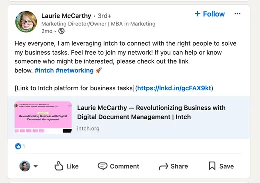 LinkedIn post by Laurie McCarthy saying she uses Intch to connect with the right people for her business tasks and inviting others to join her network.