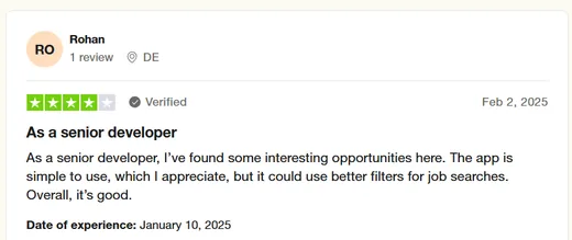 Trustpilot review by Rohan, a senior developer who found interesting opportunities on Intch and would like better job search filters.