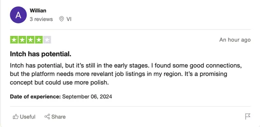 Four-star Trustpilot review by Willian calling Intch a promising concept; he found some good connections but wants more relevant jobs in his region.