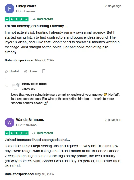 Trustpilot reviews by Finley Watts, an agency owner who uses Intch to find contractors and made a solid marketing hire, and Wanda Simmons, whose job feed became relevant after she updated her profile.
