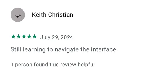 Five-star Google Play review by Keith Christian saying he is still learning to navigate the Intch interface.