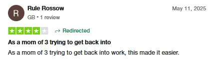 Four-star Trustpilot review by Rule Rossow, a mom of three, saying Intch made getting back into work easier.