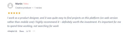 Product Hunt review by Martin, a product designer, saying it was easy to find projects on Intch's web version and that it is worth the investment.