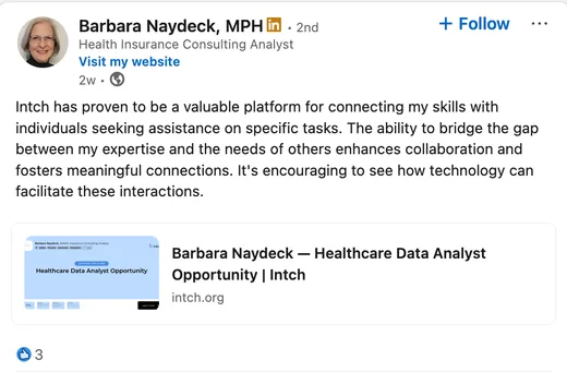 LinkedIn post by Barbara Naydeck calling Intch a valuable platform for connecting her skills with people who need help on specific tasks.