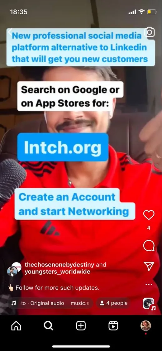 Instagram reel by thechosenonebydestiny recommending Intch as a new professional social platform and LinkedIn alternative for finding customers and networking.