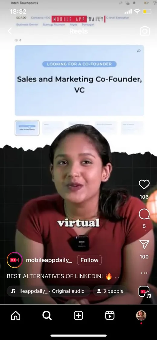 Still from an Instagram Reel by mobileappdaily_ on the best LinkedIn alternatives, featuring an Intch co-founder search request on screen.