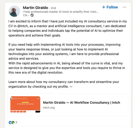 LinkedIn post by Martin Giraldo announcing he added his AI consultancy service to his Intch profile and inviting companies to check it out.