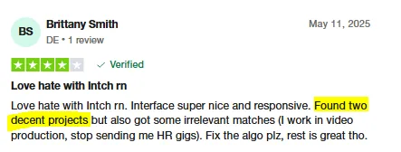 Trustpilot review by Brittany Smith: a nice, responsive interface and two decent projects found, though some matches were irrelevant.