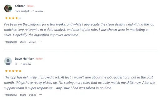 Product Hunt reviews by Keirnan, a data analyst who found job matches not yet relevant, and Dave Harrison, who says job suggestions have improved a lot and support is very responsive.