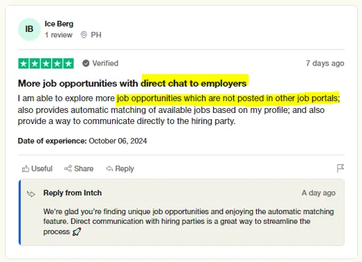 Five-star Trustpilot review by Ice Berg saying Intch shows jobs not posted elsewhere, matches jobs to the profile and allows direct chat with employers.