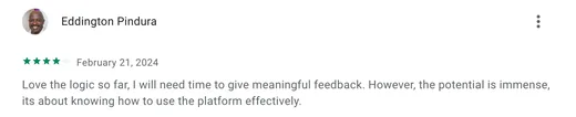 Google Play review by Eddington Pindura, who loves the logic of Intch so far and sees immense potential once you learn to use the platform effectively.