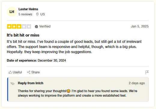 Three-star Trustpilot review by Lester Helms saying Intch is hit or miss: a couple of good leads but many irrelevant offers, with responsive support.