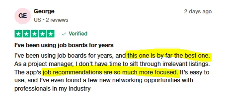 Five-star Trustpilot review by George, a project manager, calling Intch by far the best job board thanks to focused job recommendations.