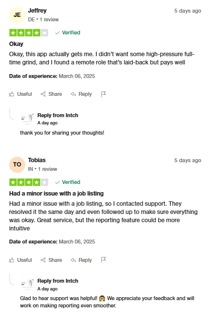 Trustpilot reviews by Jeffrey, who found a laid-back remote role that pays well, and Tobias, who praises same-day support but wants a more intuitive reporting feature.