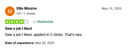 Four-star Trustpilot review by Ellie Monroe: she saw a job she liked and applied in two clicks.