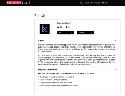 Mobile App Daily listing that ranks Intch ninth among professional networking apps, describing how it matches business requests with relevant, verified people.