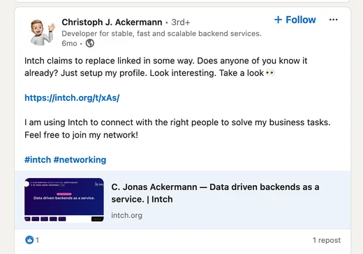LinkedIn post by Christoph J. Ackermann sharing his new Intch profile and inviting people to join his network on Intch.