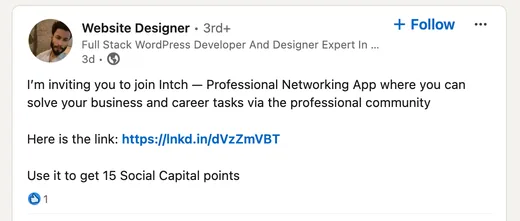 LinkedIn post by a full-stack WordPress developer inviting people to join Intch, a professional networking app for solving business and career tasks, via his invite link.