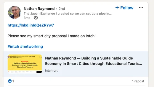 LinkedIn post by Nathan Raymond sharing the smart city startup pitch he created on Intch.