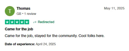 Trustpilot review by Thomas saying he came to Intch for a job but stayed for the community of cool people.