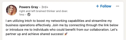 LinkedIn post by Powers Gray saying she uses Intch to boost her networking and streamline her business, inviting others to connect.