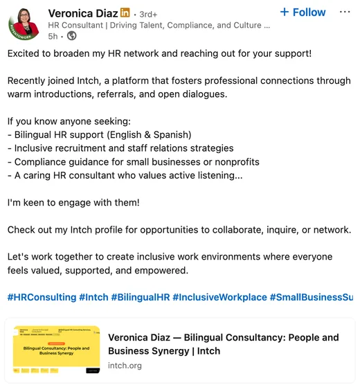 LinkedIn post by HR consultant Veronica Diaz announcing she joined Intch for warm introductions and referrals, and inviting people to connect via her Intch profile.