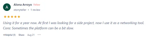 Five-star Sitejabber review by Alona Arroyo, who first used Intch to find a side project and now uses it as a networking tool, noting it can be a bit slow.